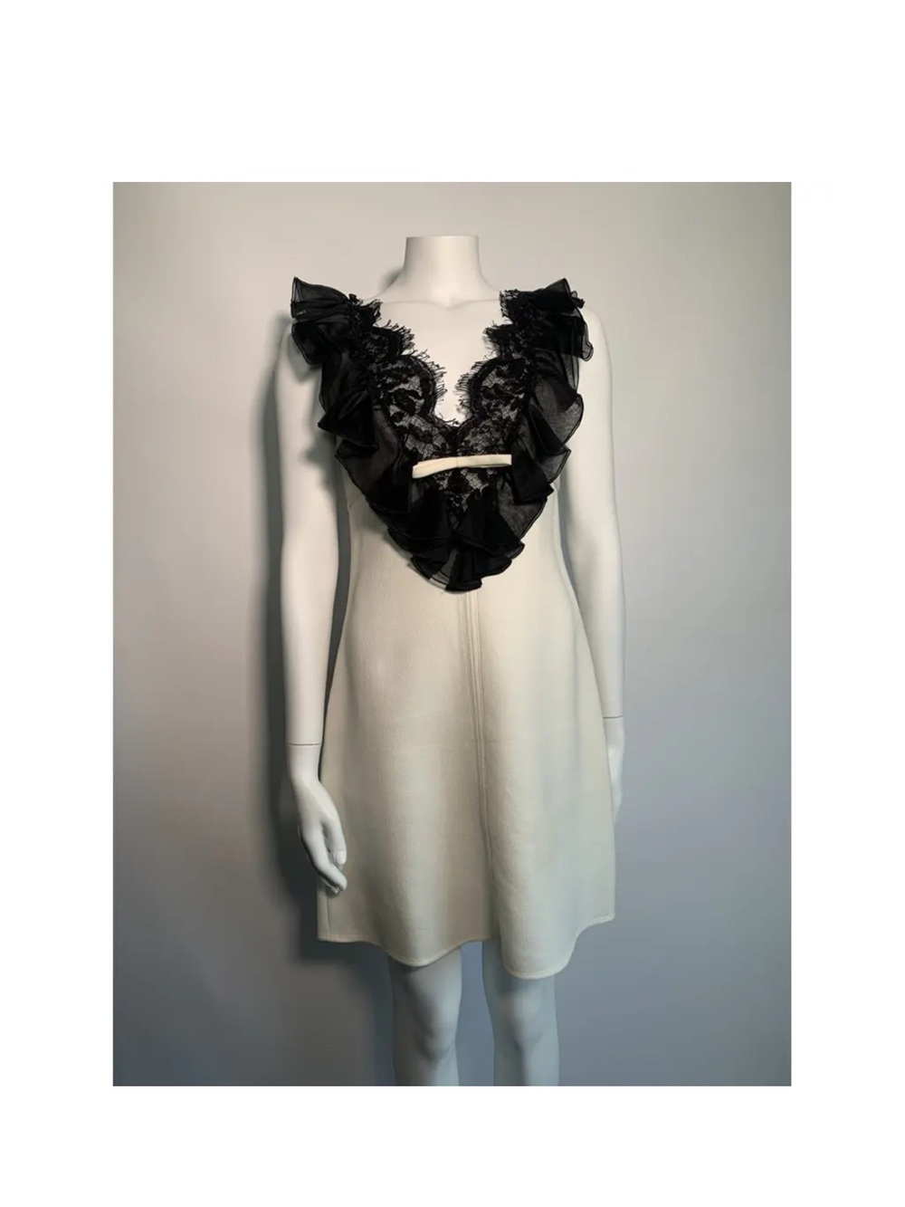 Giambattista Valli ivory  Mini Dress with Black Ruffle Lace V-Neck